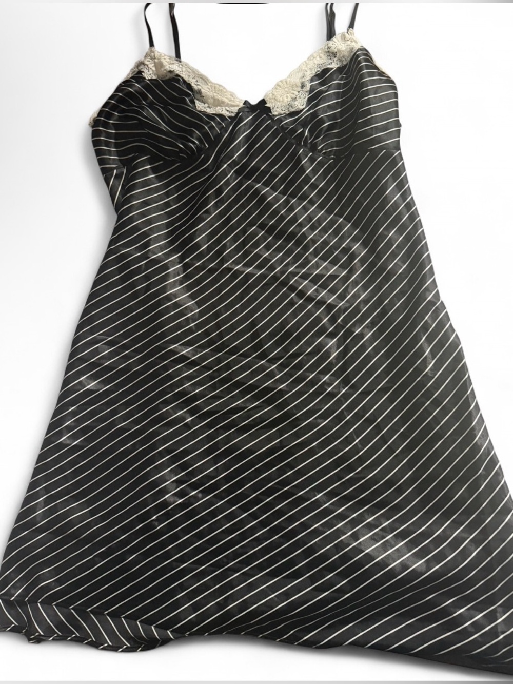 Gilligan O’Malley Luxe Black Pinstripe Satin Slip Dress Lace Trim